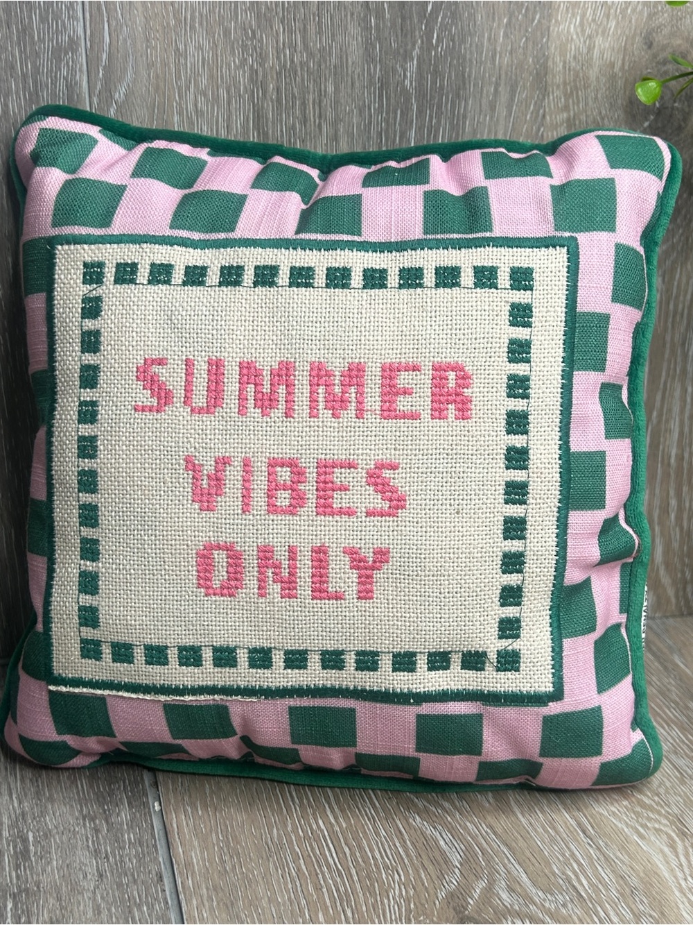Kirklands Summer Vibes Only Decorative Pillow • 10x10 • Pink Green Checkered
